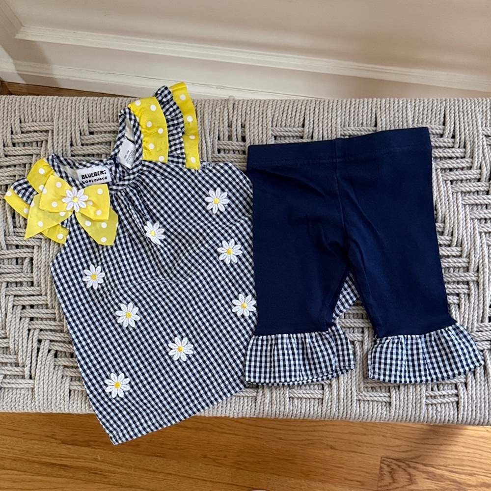 Blueberi Boulevard Gingham Daisy Outfit Set Girls 12M Top Ruffle Leggings Yellow